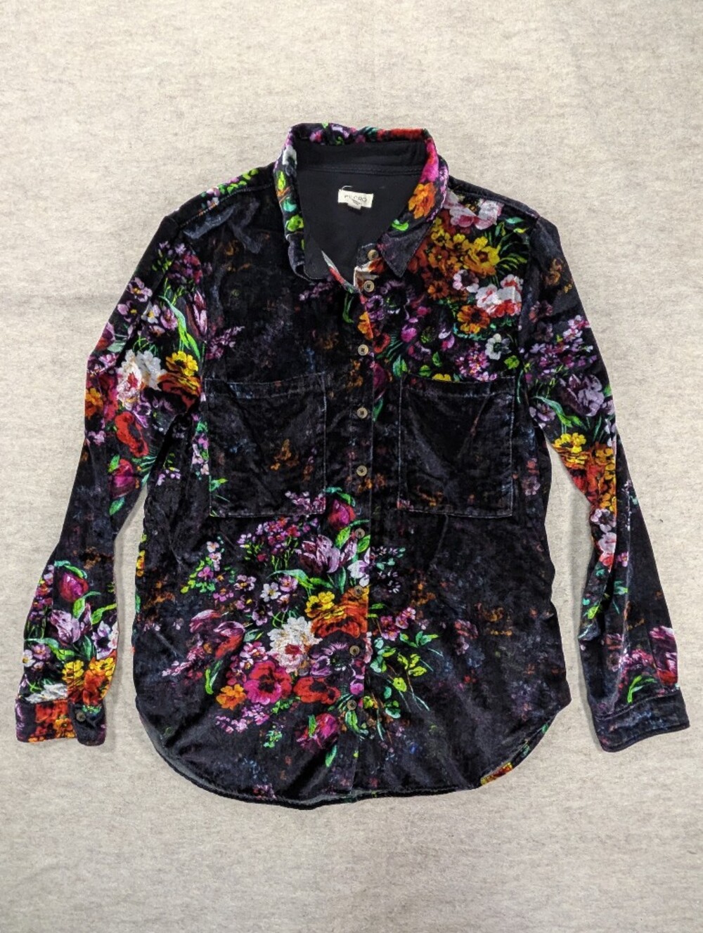 Anthro Pilcro Velvet Button Up Floral Long Sleeve Hadley Relaxed Black Artsy M - Picture 2 of 11